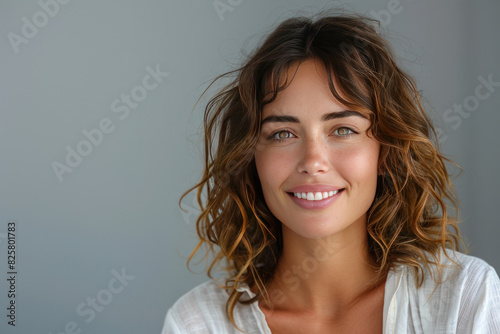 Portrait of a beautiful woman with shoulder-length wavy brown hair smiling. Created with Ai