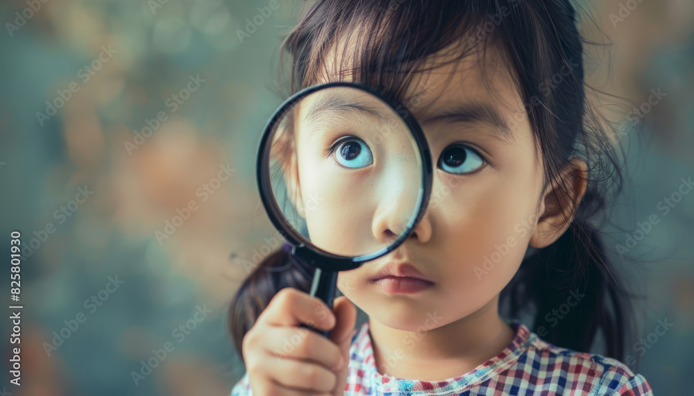 Portrait of surprised cute little asian girl looking through a magnifying glass. Education concept Portrait of surprised cute little asian girl looking through a magnifying glass. Education concept