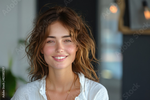 A portrait of an attractive woman in her late thirties with wavy brown hair. Created with Ai