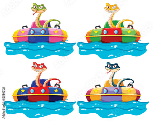 Four snakes enjoying a fun boat ride