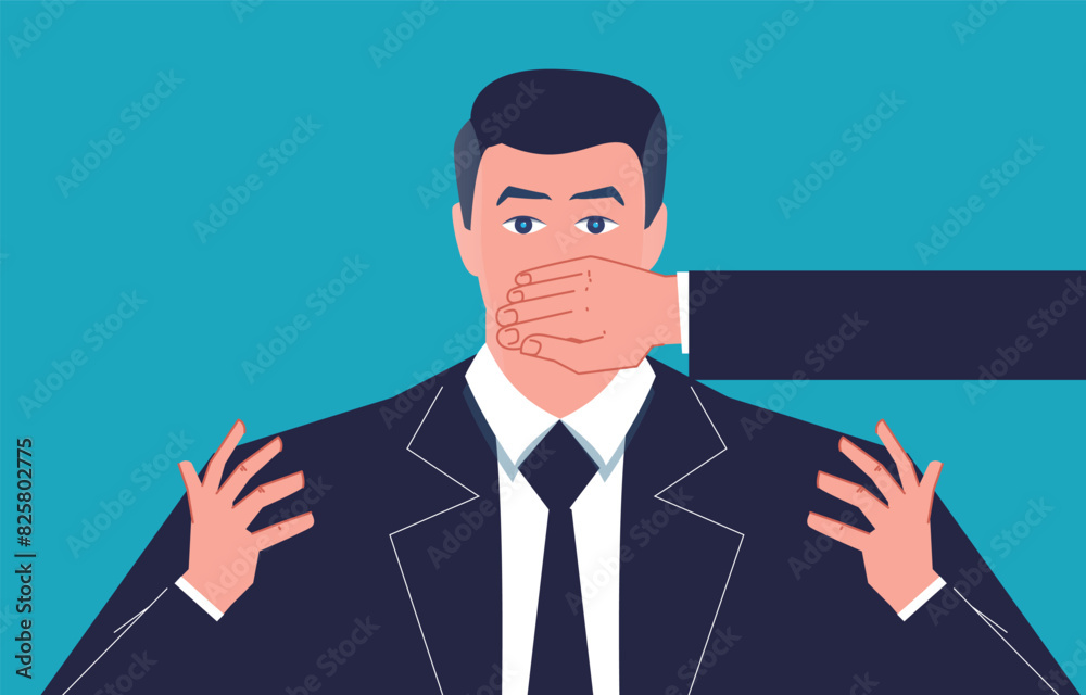 Prohibited speech, shutting up or silence, keeping one's mouth shut, words or secrets not to be spoken, industry subterfuge, office politics or political connections, a hand over a businessman's mouth
