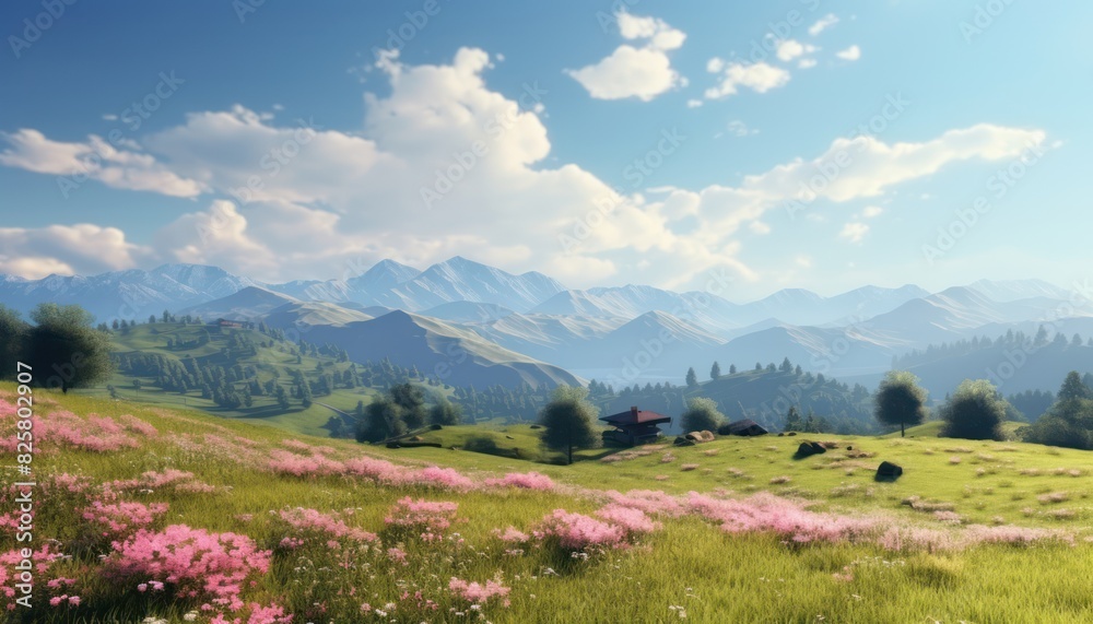 Fototapeta premium A stunning spring day landscaping views of fertile land surrounded beautiful green vegetation, wide stretches of hills and mountains with clear skies in spring