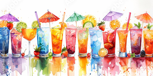 Colorful Assortment of Refreshing Summer Drinks with Fruits and Umbrellas © inspiring 