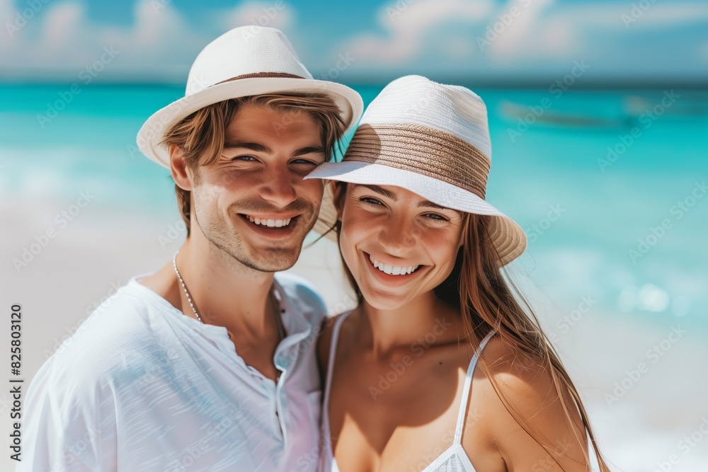 A happy couple in hats joyfully spend time on their beach vacation. They relish the clear sky and water, capturing a moment of relaxation and happiness against a beautiful backdrop
