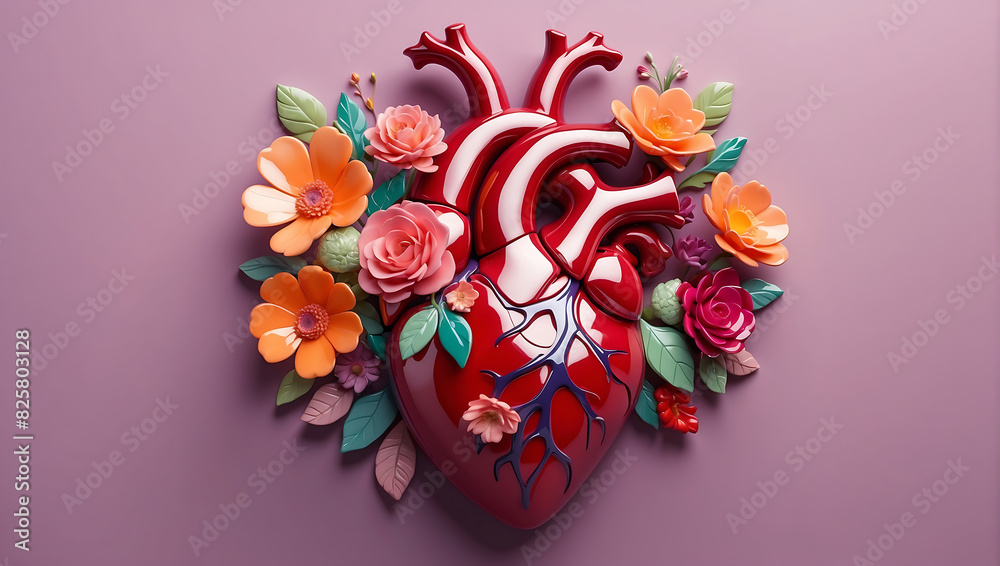 A stylized anatomical heart made of glossy material, adorned with various vibrant flowers in shades of red, pink, and peach, set against a solid mauve background