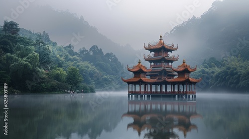 An ancient pagoda with ornate, curved roofs stands in the middle of a tranquil lake 