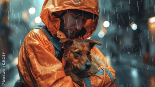 Male rescuer in raincoat and with helmet holding dog in arms. men rescuing dog from natural disaster. Firefighter in a protective suit and helmet hold a rescued dog in their arms. digital ai