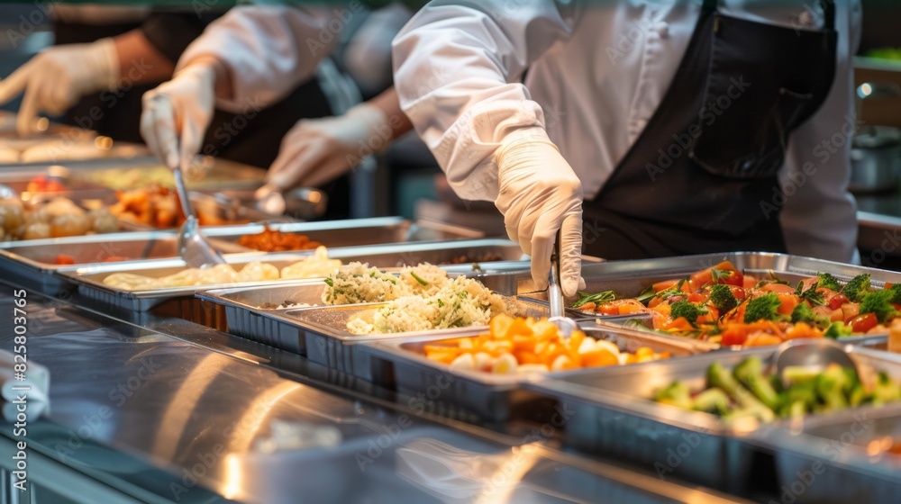 Close up of a buffet worker wearing protective gloves distributing and pouring food
