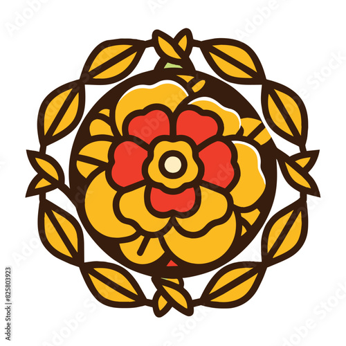 Yellow Flower with Red Center and Brown Leaves