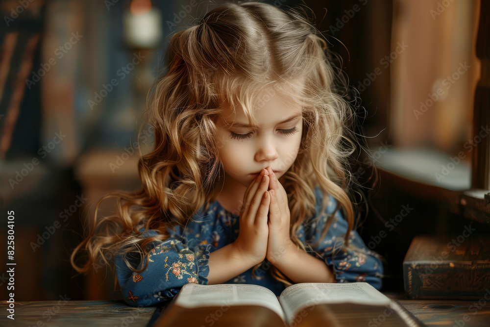 A girl prays while sitting over the Bible. Religious concept.