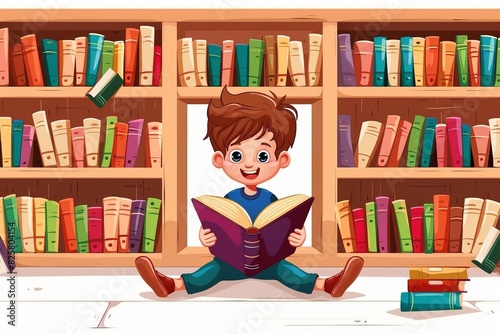 Illustration of a schoolboy with a book in his hands  sitting at a table with bookshelves in the background. The concept of nurturing a love of reading in children.