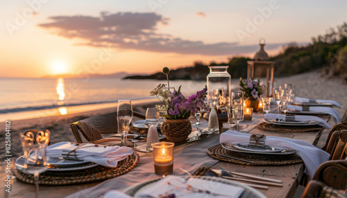 Fototapeta Naklejka Na Ścianę i Meble -  Luxurious dinner table set up on the beach as the sun sets in the background
