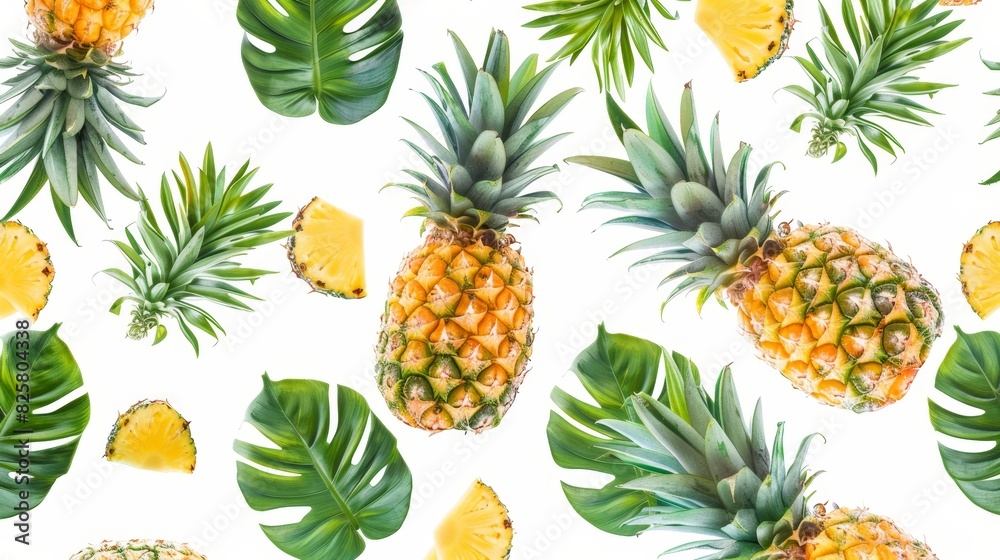 Pineapple with leaves creative pattern isolated on white background, summer background, Top view and flat lay Pineapple with leaves creative pattern isolated on white background, summer background, Top view and flat lay