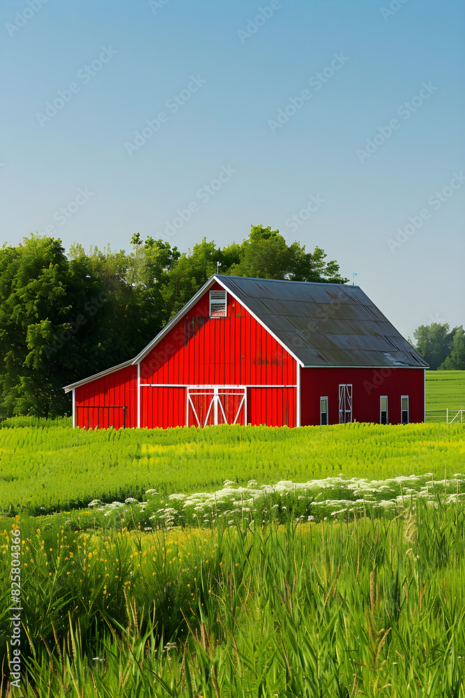 Classic Red Barn Amidst Lush Green Fields and Serene Countryside Landscape on a Clear Day