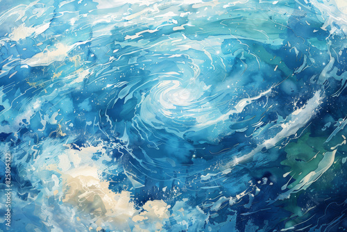 Abstract Watercolor Ocean Vortex Swirling Blues  Waves  and Splashing Textures in a Dynamic Sea Scene