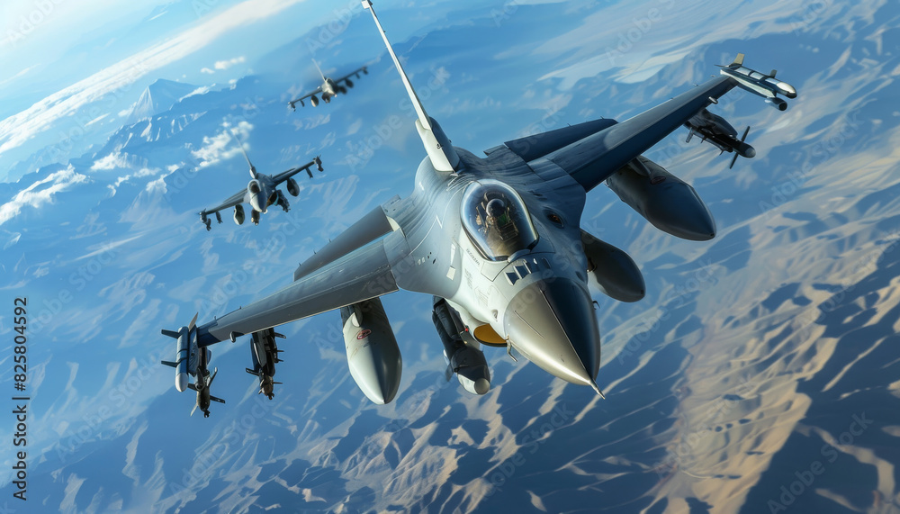 Fototapeta premium A group of powerful fighter jets soaring through the clear blue sky, showcasing strength and precision