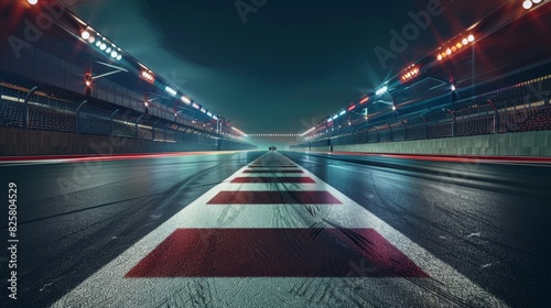 Race Track Arena with Spotlights. Empty Racing track with grandstands, shooting in the middle of the racing track and starting point