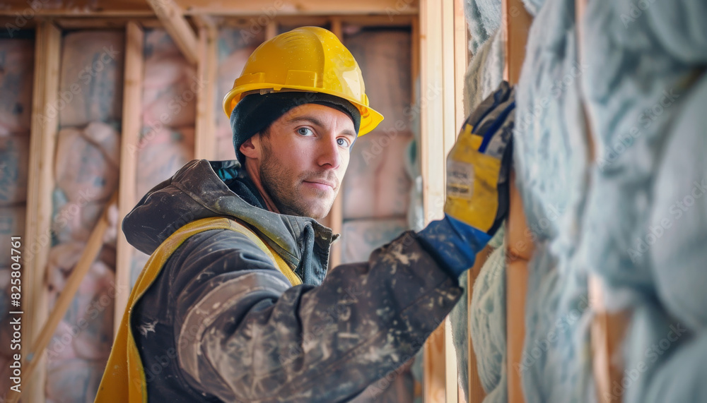 Construction worker installing house wall insulation in new home Construction worker installing house wall insulation in new home