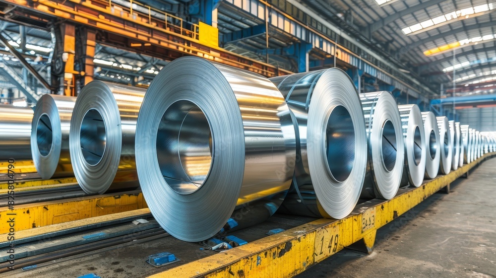 Rolls of galvanized sheet steel in the factory. Large rolls of metal coils in the warehouse. Rolls of galvanized sheet steel in the factory. Large rolls of metal coils in the warehouse.