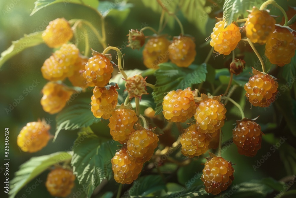 Harvest of yellow raspberries hanging beautifully on the branches. Harvest berries concept.
Harvest of yellow raspberries hanging beautifully on the branches. Harvest berries concept.