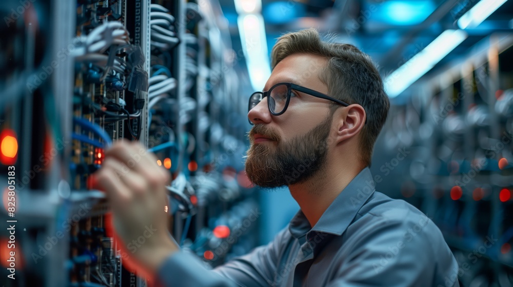 A man wearing glasses inspecting a server