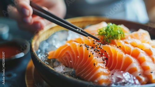 The hands were holding the chopsticks to hold the salmon sashimi. Asian people eating sashimi set in Asian restaurant. Japanese food concept.