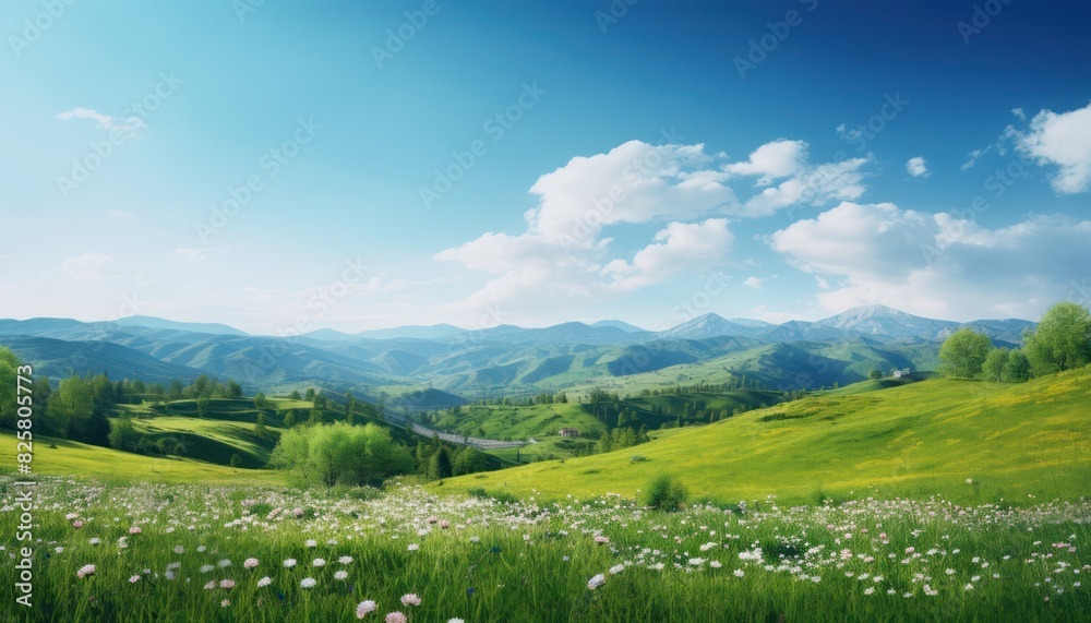 Obraz premium A stunning spring day landscaping views of fertile land surrounded beautiful green vegetation, wide stretches of hills and mountains with clear skies in spring