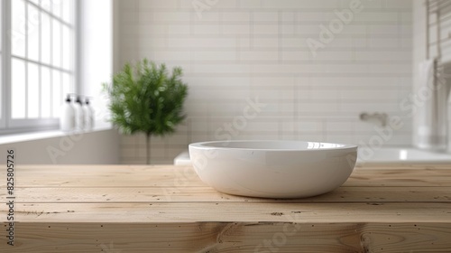 White bathroom interior. Empty wooden table top for product display with blurred bathroom interior background