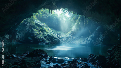 This image shows a cave entrance covered in vines with bright sunlight shining in from outside. photo