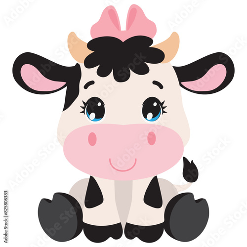 Cute sitting spotted little cow vector cartoon illustration
