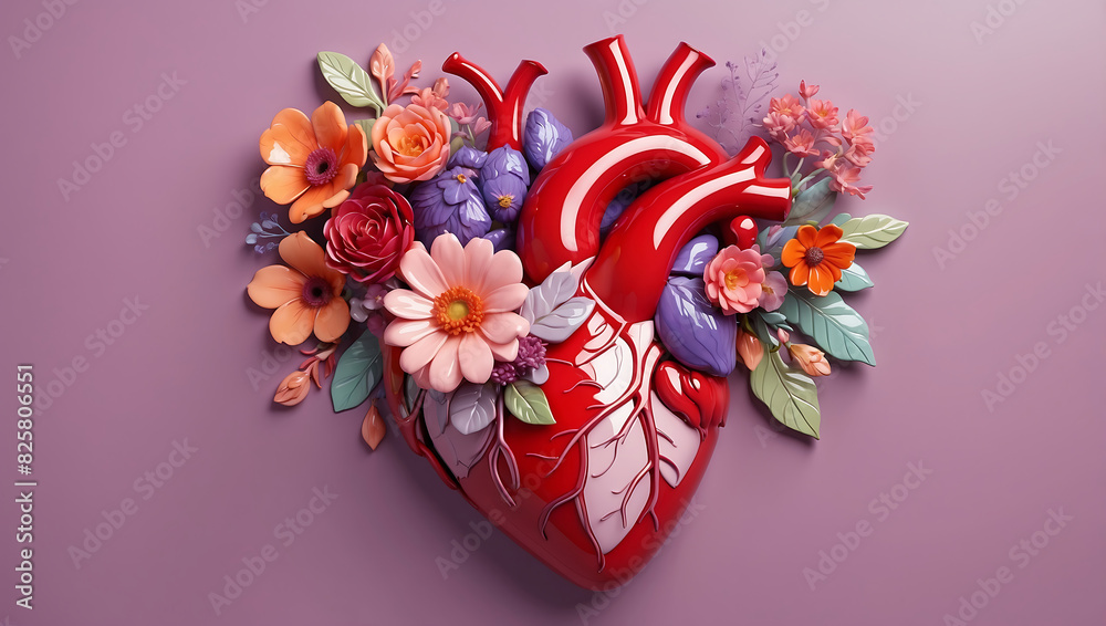 A stylized anatomical heart made of glossy material, adorned with various vibrant flowers in shades of red, pink, and peach, set against a solid mauve background