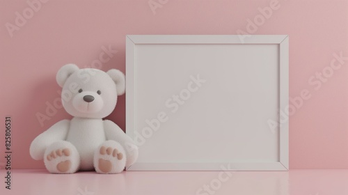 Frame mockup, empty picture frame for poster with cute white teddy bear background, 3D render