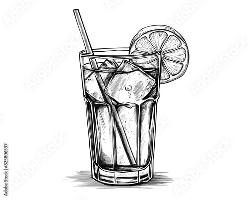 Glass with alcohol or juice decorated with piece of lemon and straw. Lemonade or soda sketch. Monochrome vector drawing