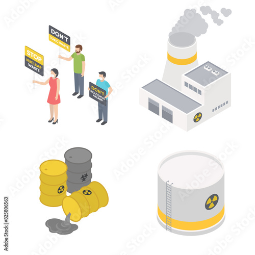 Isometric icons set with humans protest action against. Industrial pollution set.