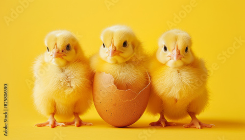 Little yellow chicks just hatched from an egg and sitting in the shell on a yellow background