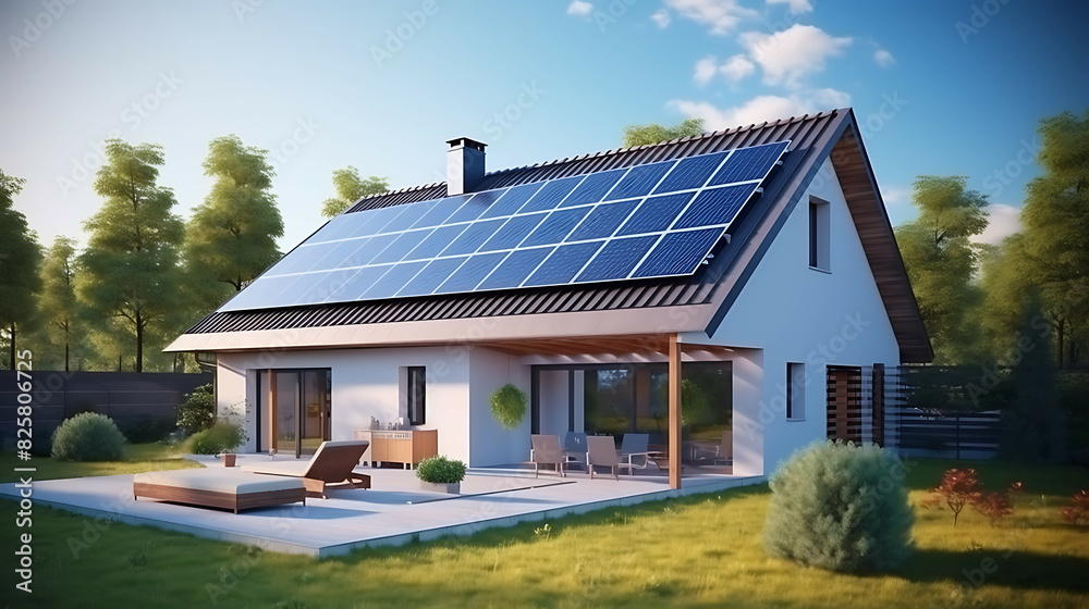 Modern eco-friendly passive house with solar panels on the roof. Generative AI Modern eco-friendly passive house with solar panels on the roof. Generative AI