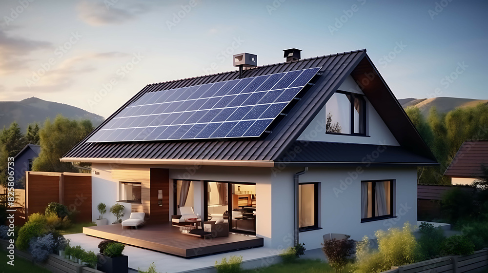 Modern eco-friendly passive house with solar panels on the roof. Generative AI Modern eco-friendly passive house with solar panels on the roof. Generative AI