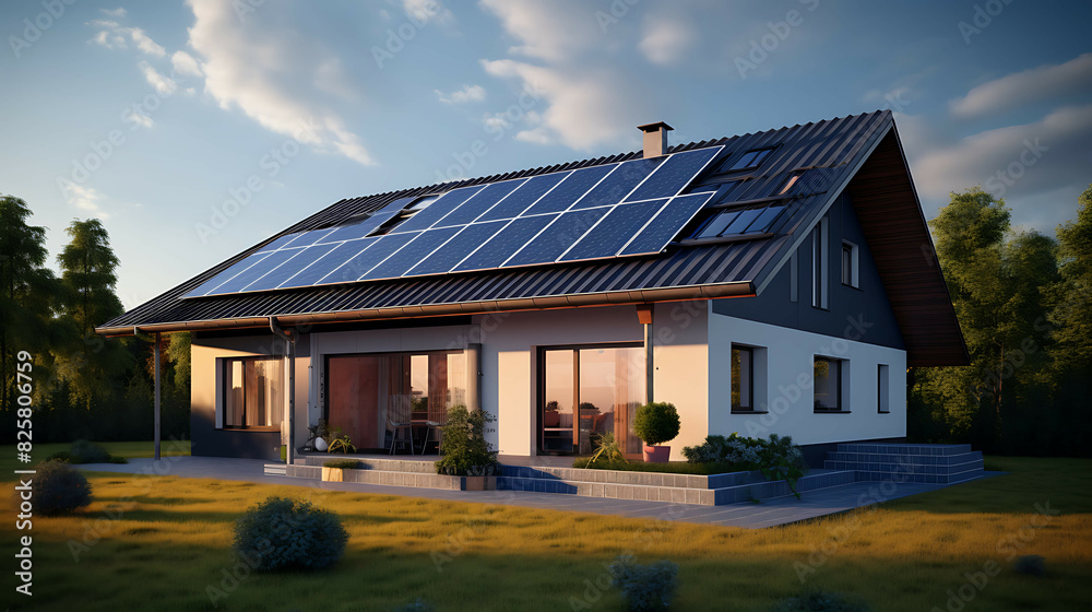 Modern eco-friendly passive house with solar panels on the roof. Generative AI Modern eco-friendly passive house with solar panels on the roof. Generative AI