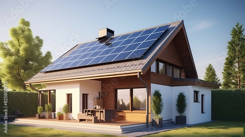 Modern eco-friendly passive house with solar panels on the roof. Generative AI