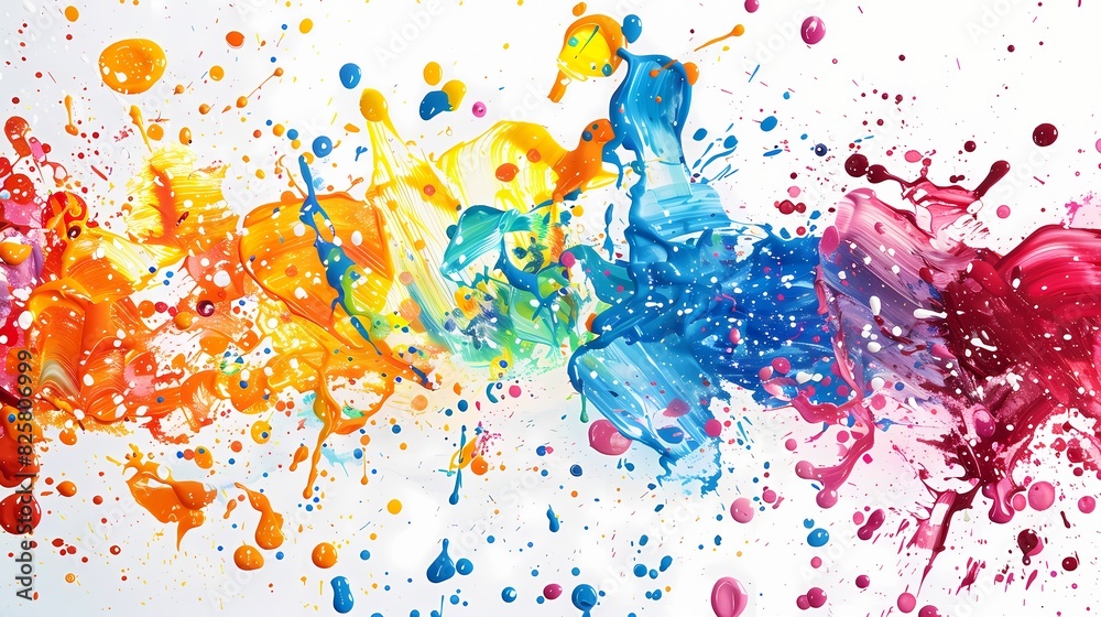 Vibrant display of multi-colored paint splatters, adding vibrancy and movement to the backdrop