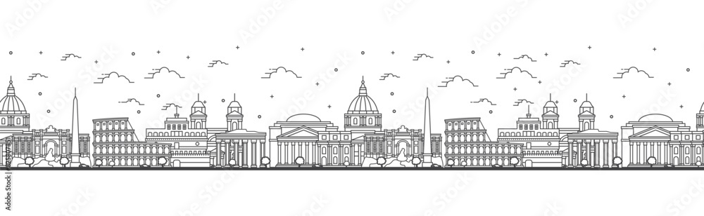 Seamless pattern with outline Rome Italy City Skyline. Historic Buildings Isolated on White. Rome Cityscape with Landmarks.