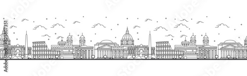 Seamless pattern with outline Rome Italy City Skyline. Historic Buildings Isolated on White. Rome Cityscape with Landmarks.