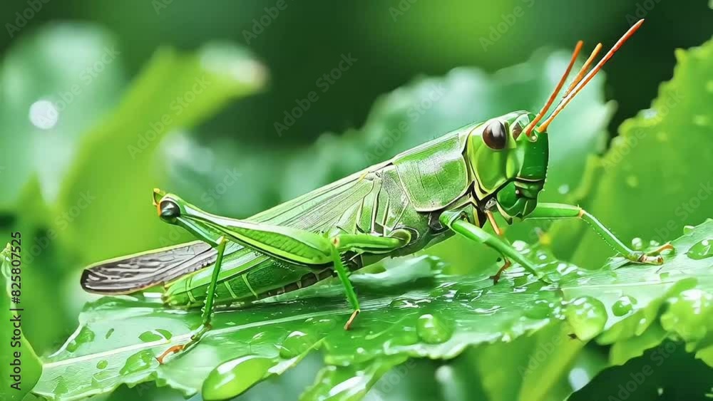 A grasshopper on leaf wet after rain