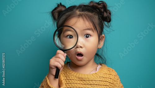 Portrait of surprised cute little asian girl looking through a magnifying glass. Education concept