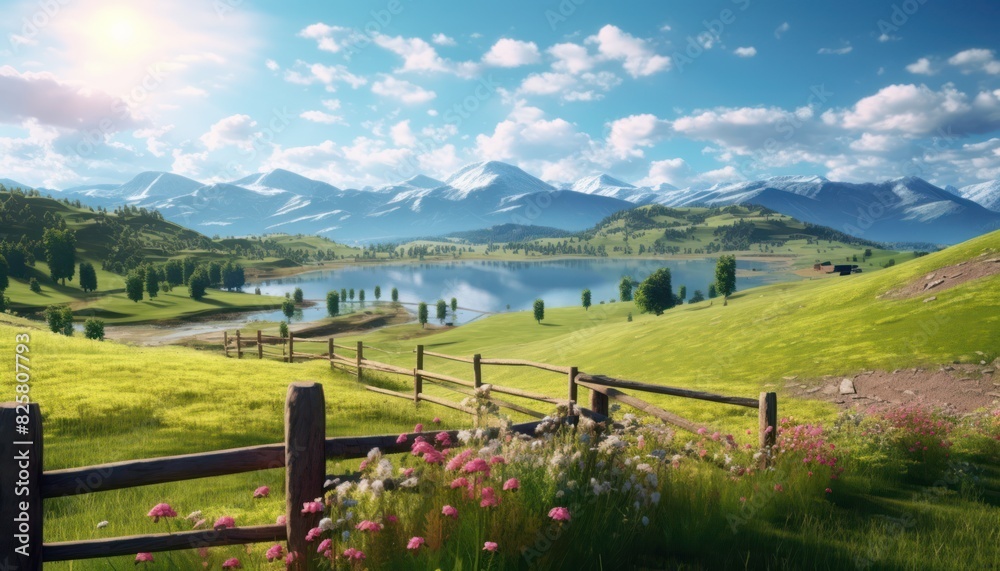 A stunning spring day landscaping views of fertile land surrounded beautiful green vegetation, wide stretches of hills and mountains with clear skies in spring