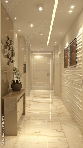 A hallway with a white wall and a white floor