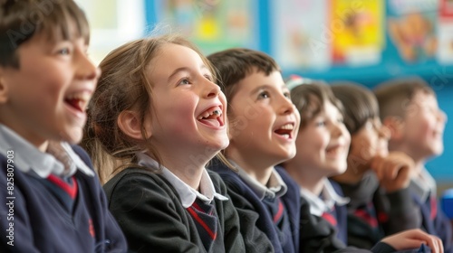 Schoolchildren enjoy answering questions in a primary school classroom.