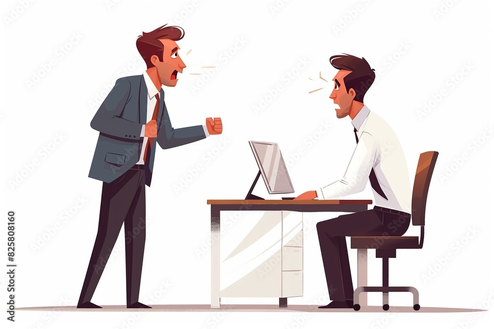 Yell boss man screams on worker sitting desk. Illustration on white background Yell boss man screams on worker sitting desk. Illustration on white background