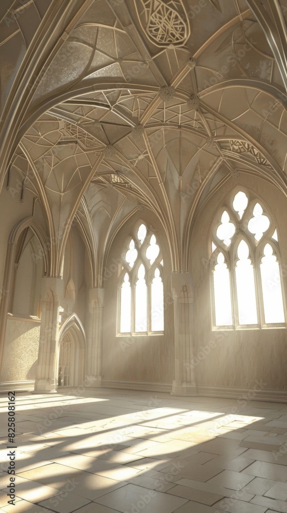 A large, empty room with a lot of arches and windows