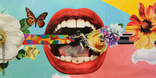 Vibrant Surreal Collage with Open Mouth, Flowers, Butterfly, and Colorful Patterns